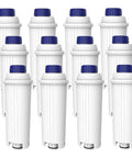Premium Coffee Machine Water Filter Replacement Cartridge set of 12, white with blue tops, softens hard water for brewing.