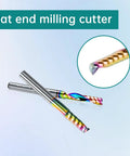 One Quarter Inch Single Flute End Mill With TAC Coating Anti Adhesion For Aluminum Alloys Copper Alloys Titanium Alloys Milling Cutter HRC45 Three Quarters Inch Cutting Edge Length Two And A Half Inch Overall Length Five Pack showing flat end and rainbow coating.