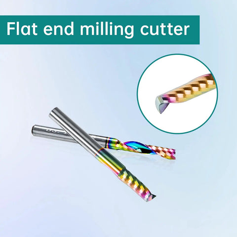 One Quarter Inch Single Flute End Mill With TAC Coating Anti Adhesion For Aluminum Alloys Copper Alloys Titanium Alloys Milling Cutter HRC45 Three Quarters Inch Cutting Edge Length Two And A Half Inch Overall Length Five Pack showing flat end and rainbow coating.