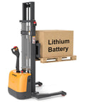 Top Tier Built Like A Tank Lithium Electric Pallet Stacker 3300 Pound Capacity 130 Inch High Reach Lift with loaded pallet.
