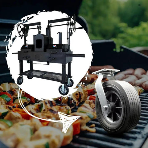 Slick Eight Inch Flat Free Solid Rubber Casters For BBQ Smokers Smooth Rolling Four Piece Grill Wheel Set With Side Lock Brakes on grill.