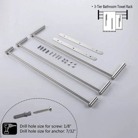 Stainless Steel 3 Tier Ladder Towel Rack Wall Mount parts and installation tools in Brushed Nickel Rustproof SUS 304 Bathroom Shelf.