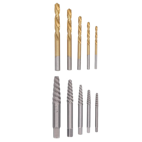 Heavy Duty 10 Piece Screw Extractor Set With Left Hand Drill Bits Perfect For Breaking Loose Stripped Or Broken Screws In Metal And Wood Surfaces Including CR MO Spiral Flute Bits Plus Storage Box For Easy Garage And Shop Jobs. 10pc left hand drill bits and extractors set