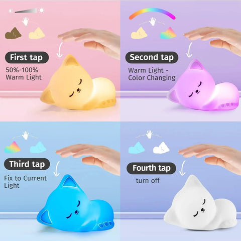 Illustration showing tap functions on Unicorn Night Light For Girls Bedroom Decor With 16 Color Modes Tap To Light On Portable 10 Hour Battery Soft Safe Nursery Lamp Totally Magical Gift For Girls.