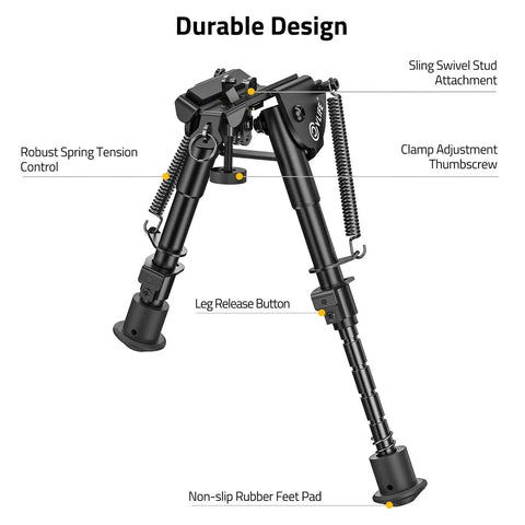 6 To 9 Inch Adjustable Rifle Bipod For Outdoor Use, Heavy Duty Steel And Aluminum Build, Quick Deploy Legs With 5 Settings, Detail View