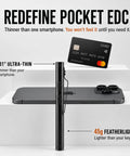 Ultra Slim EDC Flashlight With 800 Lumen Output, 11 Modes, Dual Switch next to smartphone and credit card for size comparison