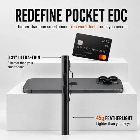 Ultra Slim EDC Flashlight With 800 Lumen Output, 11 Modes, Dual Switch next to smartphone and credit card for size comparison