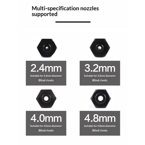 Multi-specification nozzles for Professional Pneumatic Blind Riveter And Air Rivet Gun, supporting 2.4mm to 4.8mm blind rivets.