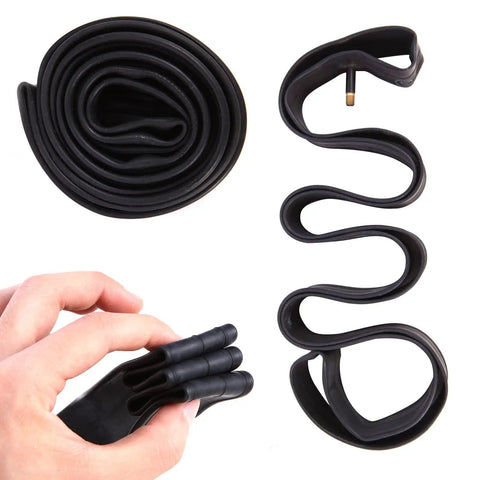 Heavy Duty Bike Inner Tubes Set for 700x38C to 700x45C Tires shown coiled and uncoiled, with hand holding folded tube