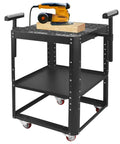 Straight Up Workhorse 550 Lb Power Tool Table With Smooth Rollin Wheels And Adjustable Height Legs For Planers And Miter Saws Plus Double Shelf Storage That Keeps The Job Site Neat And Handles Daily Grind, black mobile work table with tools.