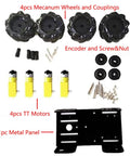 Front view of MC100 4x60mm Mecanum wheel robot car chassis kit with four TT motors and metal mounting plate.