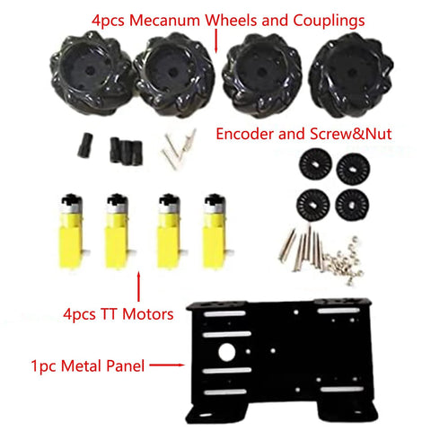 Front view of MC100 4x60mm Mecanum wheel robot car chassis kit with four TT motors and metal mounting plate.