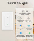 Three Way Smart Switch with UI features, including voice and app control options, compatible with Alexa and Google for in-wall setup.