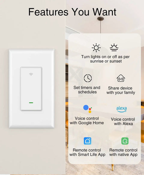 Three Way Smart Switch with UI features, including voice and app control options, compatible with Alexa and Google for in-wall setup.