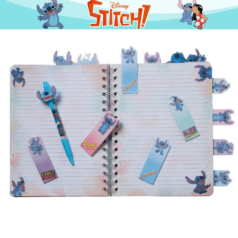 Open Stitch Tab Journal Spiral Notebook Set with colorful dividers, Stitch artwork, pen, and sticky tabs on lined pages, 8x7 Inch