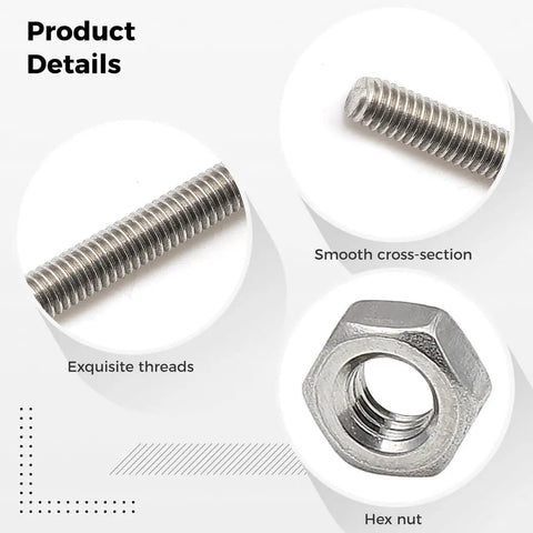 Close-up of 12-Inch 304 Stainless Thread Rod Set With 24 Eight-32 Rods And 24 Hex Nuts showing threads and hex nut detail