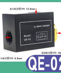 Grab This Awesome Pneumatic Quick Exhaust Valve For Your Cylinder Setup. Perfect For Solenoid Valve Needs And Machine Maintenance Work. Get The Jk-Qe-02 Today. Model QE-02 with exhaust port connections.