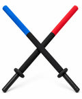 2 Pack Foam Swords 35 Inch Padded Bokken Samurai Swords For Cosplay Prop And Sparring Training, crossed black handles, blue and red ends.