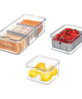 Three Piece Refrigerator Organizer Set With Lids For Fresh Produce And Storage, Clear and Gray Bins with cheese, strawberries, lemons
