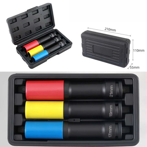 Heavy Duty Extended Wheel Lug Nut Socket Kit With 17 19 And 21mm Hex Sockets For Impact Drivers, 150mm case set