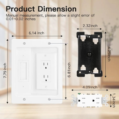 All In One Wall Cable Concealer Kit For TV Setup dimensions and parts with recessed outlet box, brush wall plate, white finish