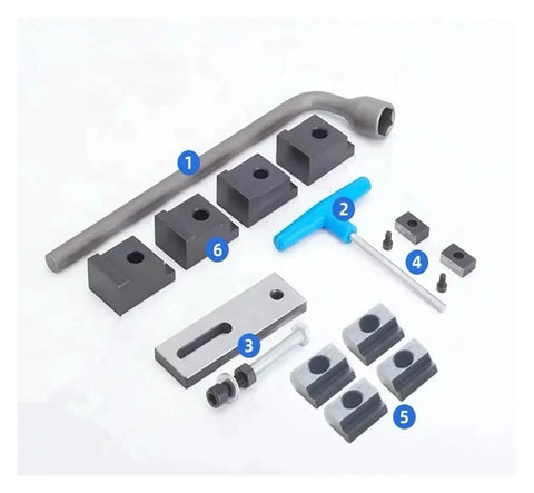 Pro Level Eight Inch Cnc Precision Bench Vise With Heavy Duty Steel Build And Knockout Grip tool components including blocks and handles.