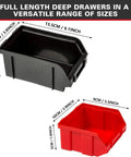 Black and red bins from 30 Compartment Wall Mounted Tool Organizer Bins Set, showing size dimensions and deep storage space.
