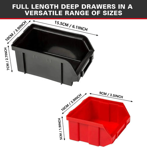 Black and red bins from 30 Compartment Wall Mounted Tool Organizer Bins Set, showing size dimensions and deep storage space.
