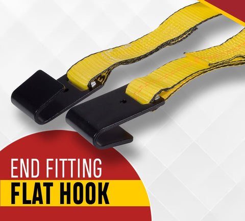 Heavy Duty 10 Pack 2 Inch By 30 Foot Ratchet Tie Down Straps With Flat Hooks Yellow, close-up of flat hooks end fitting