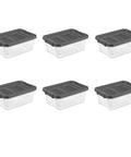Six Pack 16 Quart Stackable Storage Bins With Snap Tight Lids And Non Slip Base Mats Dark Gray Clear Plastic heavy duty organizers.
