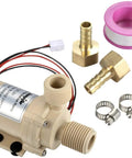 Go To 12V Solar Hot Water Circulation Pump Low Noise Brushless DC Motor Two Point One GPM Flow Nine Point Eight Feet Head Half Inch Male Thread Non Self Priming For RVs Cabins Solar Heating Systems assembly set including fittings and tape.