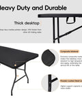 Foldable 6 Foot HDPE Table Go To Portable Banquet Surface Fold In Half Desk Utility, black surface with steel legs, side view