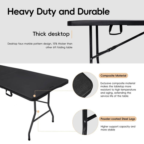 Foldable 6 Foot HDPE Table Go To Portable Banquet Surface Fold In Half Desk Utility, black surface with steel legs, side view