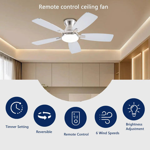 Low Profile 42 Inch Ceiling Fan With Lights And Remote Control App Compatible Flush Mount DC Reversible Motor in living room