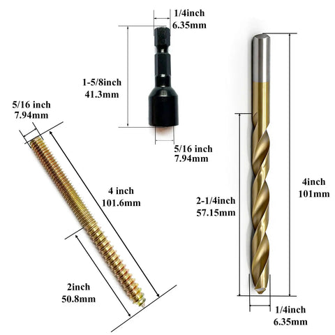 12 Pack 5/16-18 X 4 Inch Hanger Bolts With Alloy Steel Driver And HSS Twist Drill, labeled dimensions