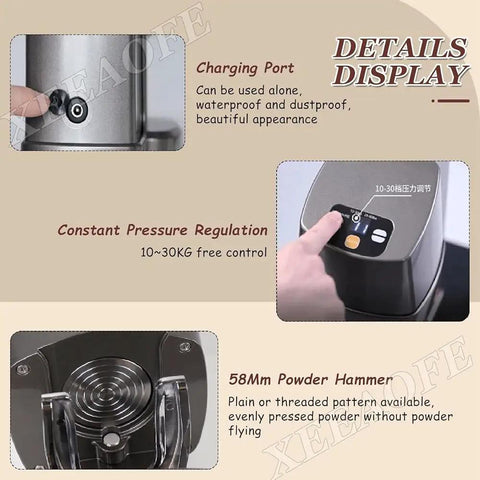 Charging port and control panel on 58mm Automatic Espresso Tamper 58mm Electric Coffee Press, showcasing pressure regulation features.