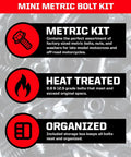 53 Piece Mini Metric Bolt Kit For Motorcycles And ATVs With Nuts Washers And Tempered Bolts Durable Heavy Duty info graphic