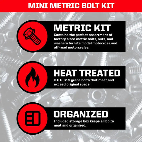 53 Piece Mini Metric Bolt Kit For Motorcycles And ATVs With Nuts Washers And Tempered Bolts Durable Heavy Duty info graphic
