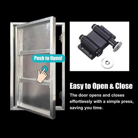 Smooth Hidden Wall Insert For Tiled Rooms Featuring Push Button Magnetic Latch And Adjustable Concealed Inspection Cover, aluminum access panel with push open feature.