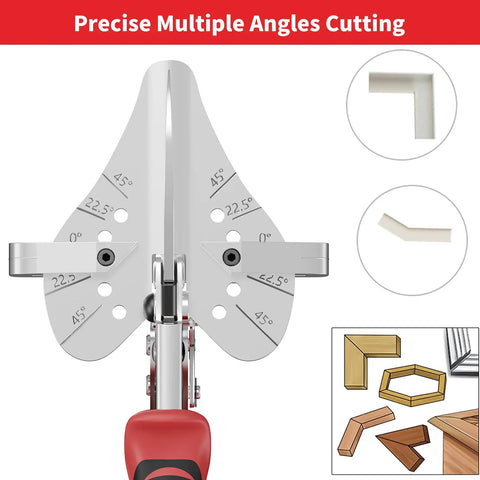 Adjustable Ratchet Miter Shears showing multiple angle settings for precise cutting of quarter round molding and PVC trim