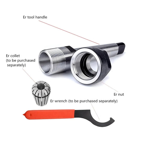 Solid 1 PC ER Collet Chuck Holder For CNC Tooling With High Hardness Precision Thread And Smooth Surfaces Perfect For Heavy Load Milling And Turning On Your Lathe Machine Shop Gear showing ER tool handle, nut, and wrench.