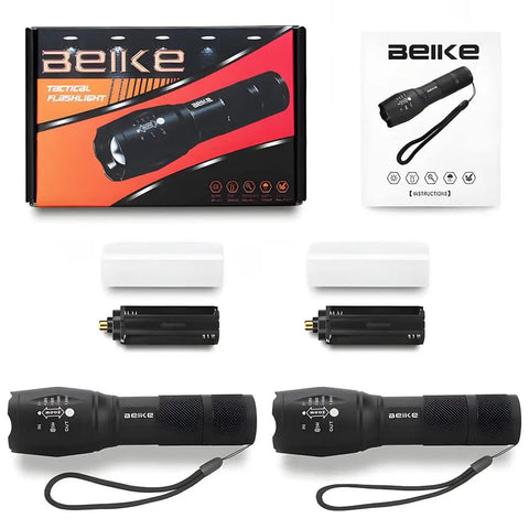 Two Pack High Lumen Led Flashlights For Home Camping And Travel Beast Bright Handheld Beams With Durable Polycarbonate Lens Rechargeable Battery Compatible Great For Emergencies And Power Outages, showing flashlights, battery cases, and packaging