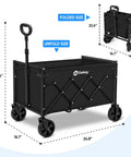 Heavy Duty Wagon Cart With Wheels 220 Lbs Capacity Foldable Lightweight Utility Cart For Grocery Shopping Garden Camping Black Ready To Haul Big Loads On The Go, shown unfolded and folded with dimensions.