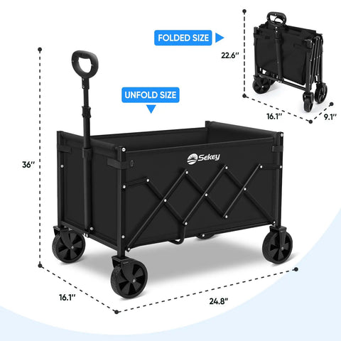 Heavy Duty Wagon Cart With Wheels 220 Lbs Capacity Foldable Lightweight Utility Cart For Grocery Shopping Garden Camping Black Ready To Haul Big Loads On The Go, shown unfolded and folded with dimensions.
