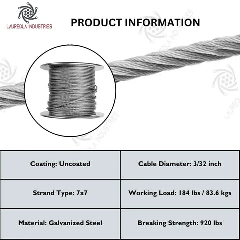 3/32 Inch Type 7x7 Galvanized Steel Aircraft Wire Rope 100 Feet Flexible Durable Cable, spool and product details visible