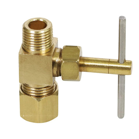 Brass lead-free needle valve, 1/4 in compression x 1/8 in MIP, straight with T-handle.