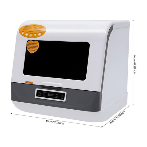 Hassle Free Portable Countertop Dishwasher With Durable Stainless Steel Body And High Pressure Spray Nozzles 110V Compact Mini Washer for dorms, showing control panel and dimensions.