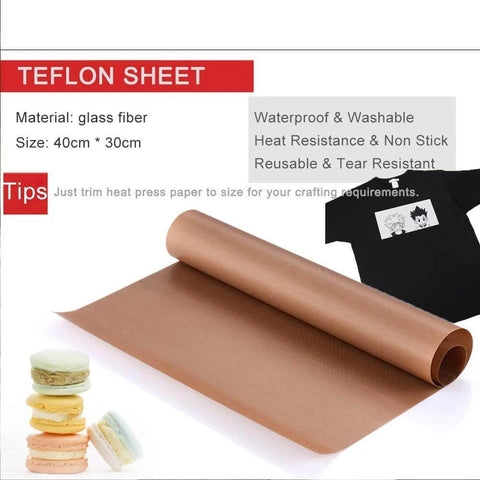 3 Pack PTFE Sheets For Heat Press 16x12 Inches Non Stick Reusable Craft Mat shown rolled on table with size and material info