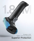 Wireless 2D Barcode Scanner Bluetooth 1MP QR Code Scanner With All Day Battery Life Charging Cradle Data Receiver And Replaceable 2000mAh Batteries For Continuous Shift Work, side view showing soft rubber and drop resistance features.
