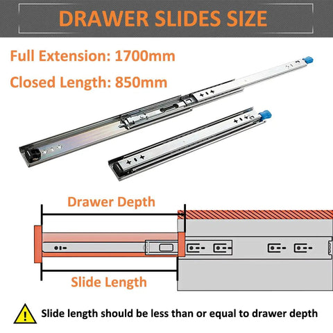 Workhorse Grade Full Extension Drawer Slides Secured With A Dead Easy Lock And Smooth As Silk Glide heavy-duty size guide 1700mm extension.